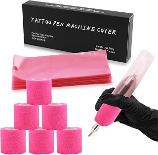 Tattoo Machine Pen Covers with 6pcs Pink Grip Tape Wrap,200Pcs Large 2.56 X 7.09 inch Machine Wrap, Combination Grip Machine Covers Self-Adhesive