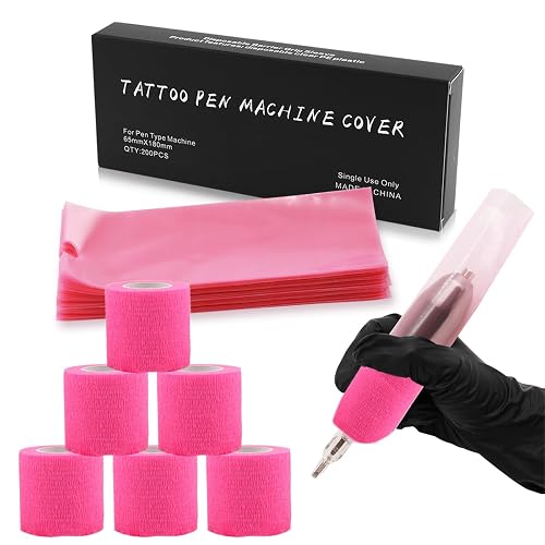 Large Pen Machine Covers and Grip Tapes - Anghie 200pcs Pink Tattoo Pen Covers with 6Pcs Pink Tattoo Grip Tape Wrap Large 2.56 X 7.09inch Tattoo Machine Wrap for Tattoo Machine Tattoo Supplies