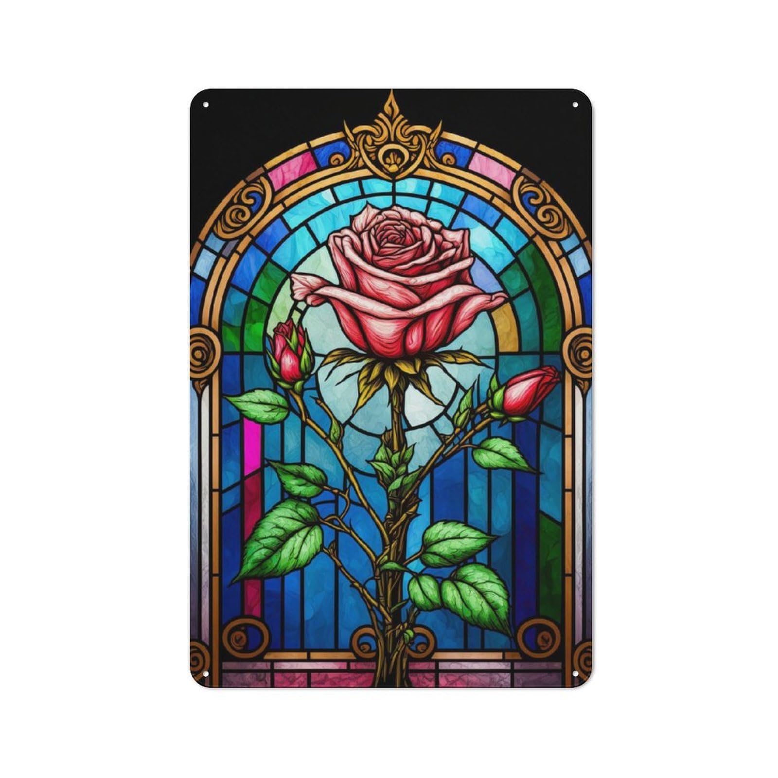 Junmoney Stained Glass Rose Metal Sign 30X20cm With For Workshop Wall, Rustic Decor, For Garage, Workshop And Man Cave Decoration