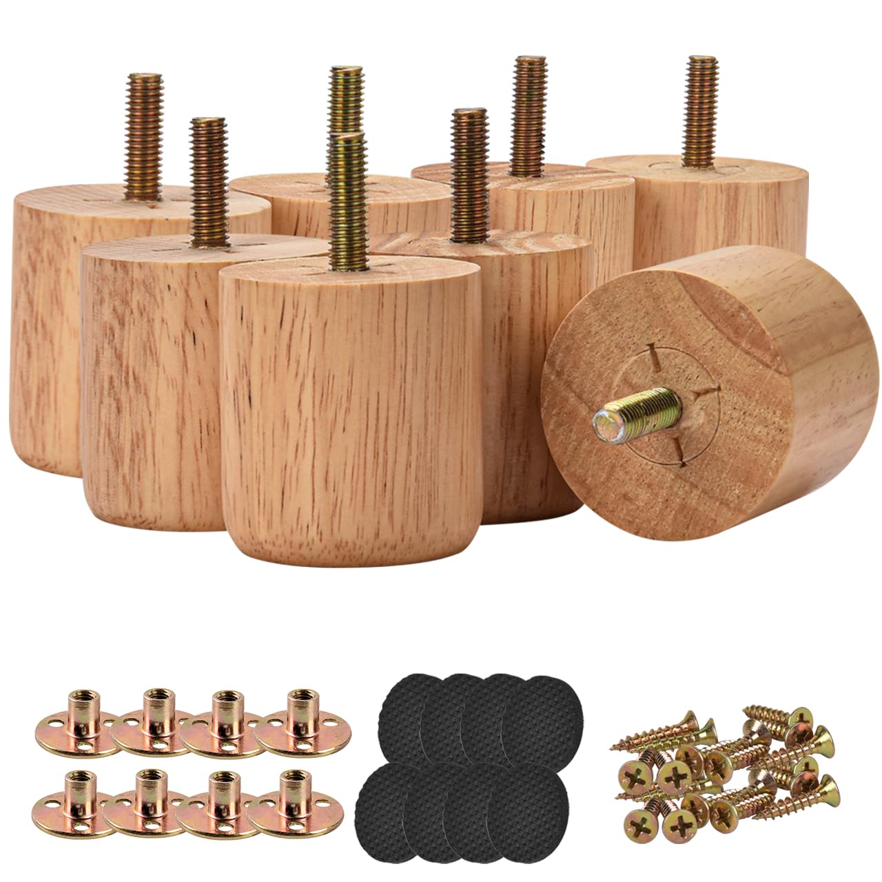 Btowin 2 Inch / 5cm Solid Wood Furniture Legs,8Pcs Modern Round Wooden Bun Feet with Threaded M8 Hanger Bolts & Mounting Plate & Screws for Sofa Couch Cabinet Bed โ image 1