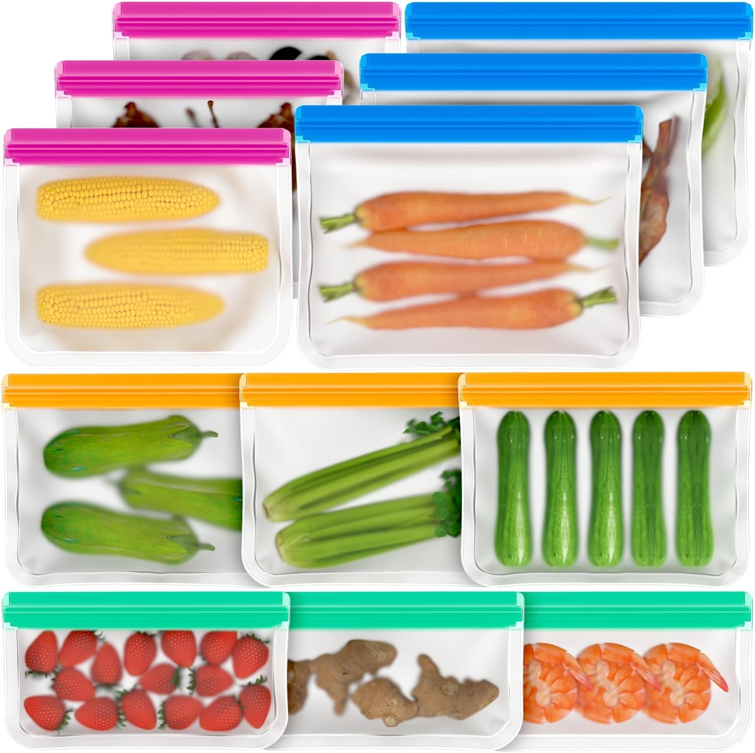 12 Pack Reusable Freezer Bags, BPA Free Food Bags Zip Seal For Keeping Lunch, Sandwich, Snacks, Fruit, Vegetables,Soup, Meat,Grains Fresh Clear Silicone Leakproof Food Storage Bags - 4 Sizes