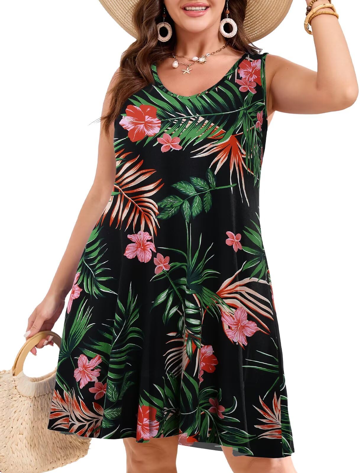 JollieLovin Women Plus Size Curvy Summer Tank Sun Dresses Sleeveless Causal T-Shirt Dress Beach Swing Cover up(L-5X)