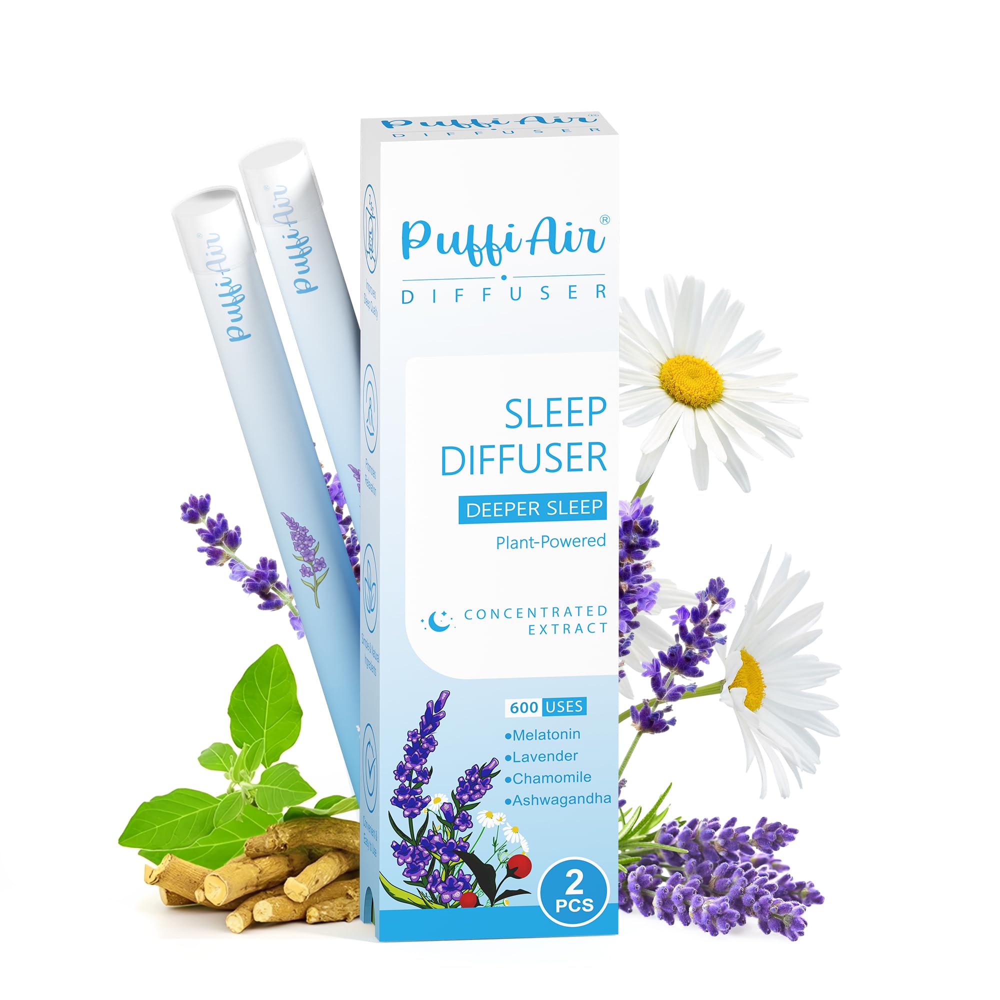 Herbal Diffuser Pen, Sleep Diffuser with Melatonin, Lavender, Ashwagandha &amp; Chamomile for Sleep Support, All Natural Swap - Up to 600 Uses (Varies by Usage), 2 Diffusers, 1 Pack