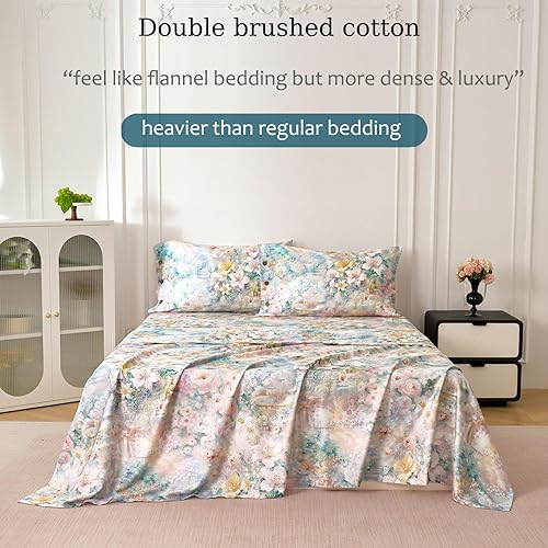Miniatura 2 de Zusbest Juego de sábanas florales tamaño King de 400 hilos, 100 % algodón, cálido, lujoso, rosa, verde, con botones, 4 piezas, doble cepillado,