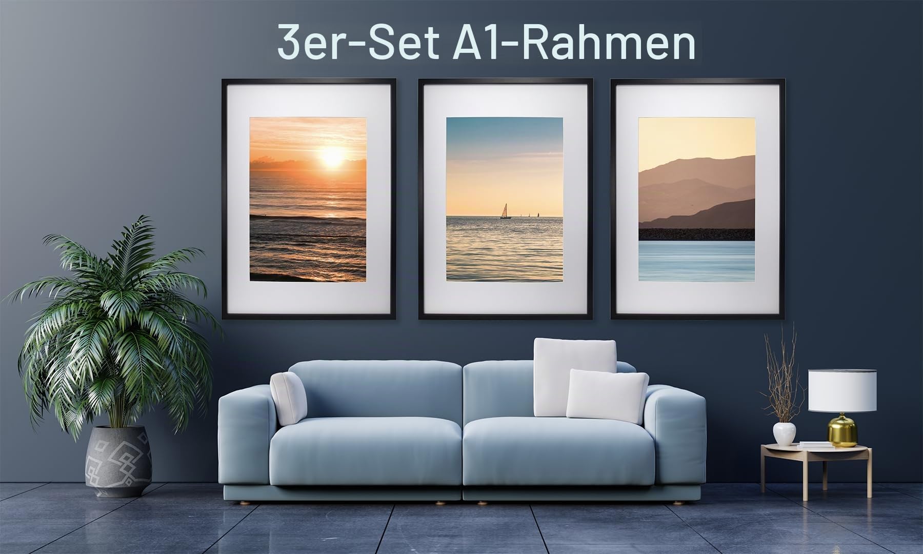 A1 Bilderrahmen, Schwarz, 3 Stück, mit Passepartout für A2 (41 x 58,4 cm), A2 Posterrahmen für Fotos, leichtes MDF, horizontale/vertikale Wandmontage, 3 Stück