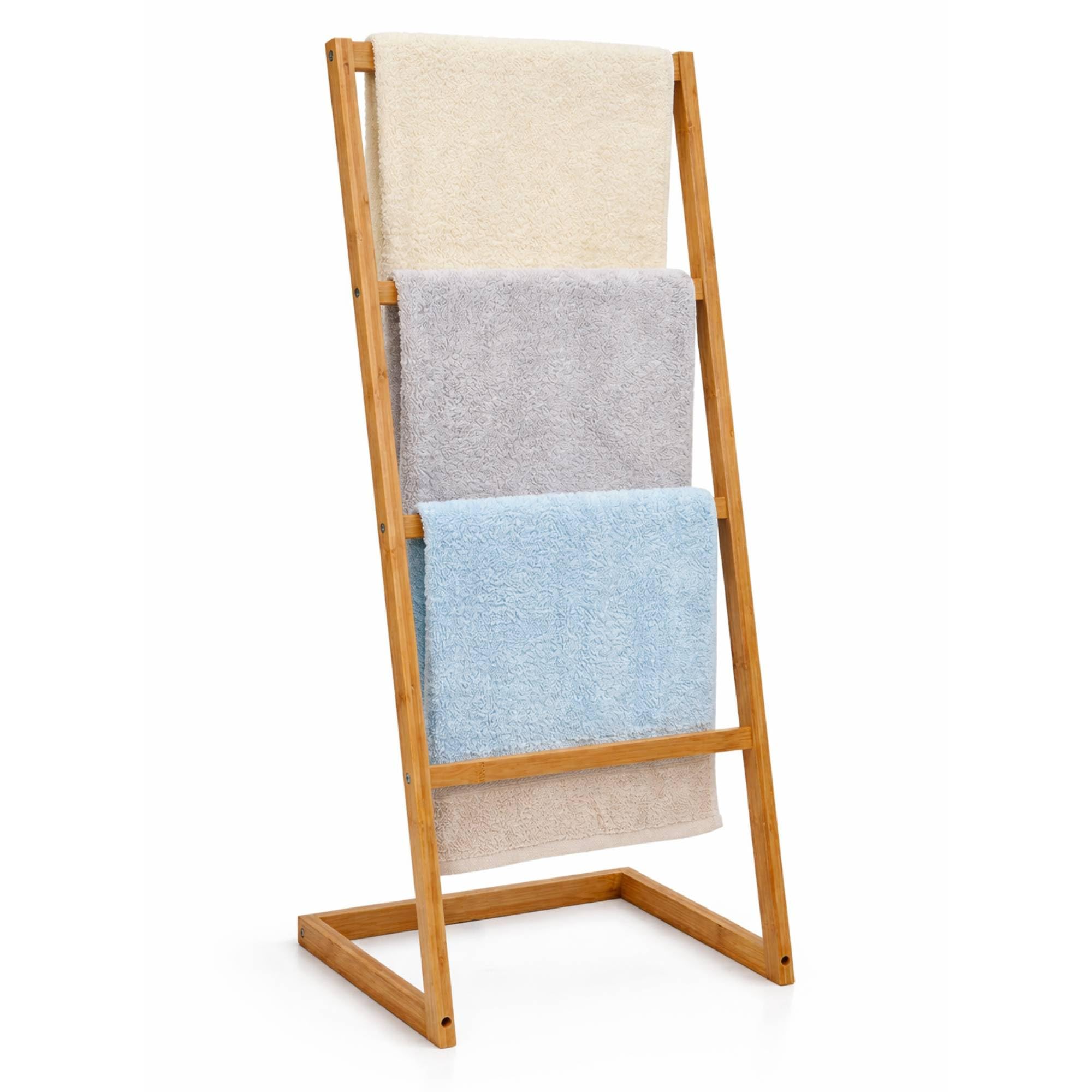 Topvaleur Wood Colour Bamboo Towel Rack Freestanding Towel Rail And Towel Holder With Four Hanging Bars For Bathroom Storage And Clothes Drying Stand