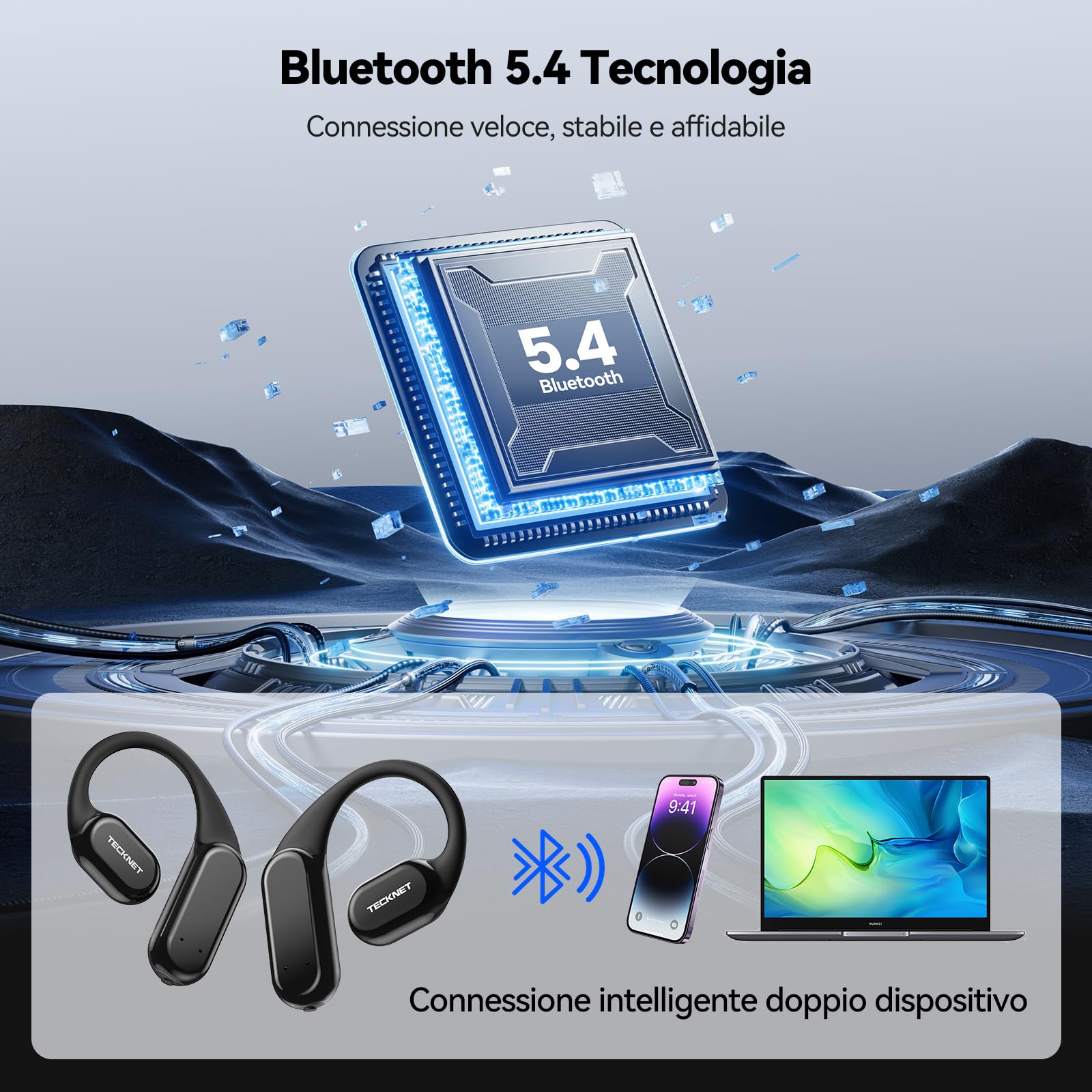 TECKNET Cuffie Open-Ear, Auricolari Bluetooth Wireless a Conduzione Ossea | Autonomia di 60 Ore con Ricarica Rapida, Impermeabilità IP68, Auricolari Bluetooth Sport Leggere.