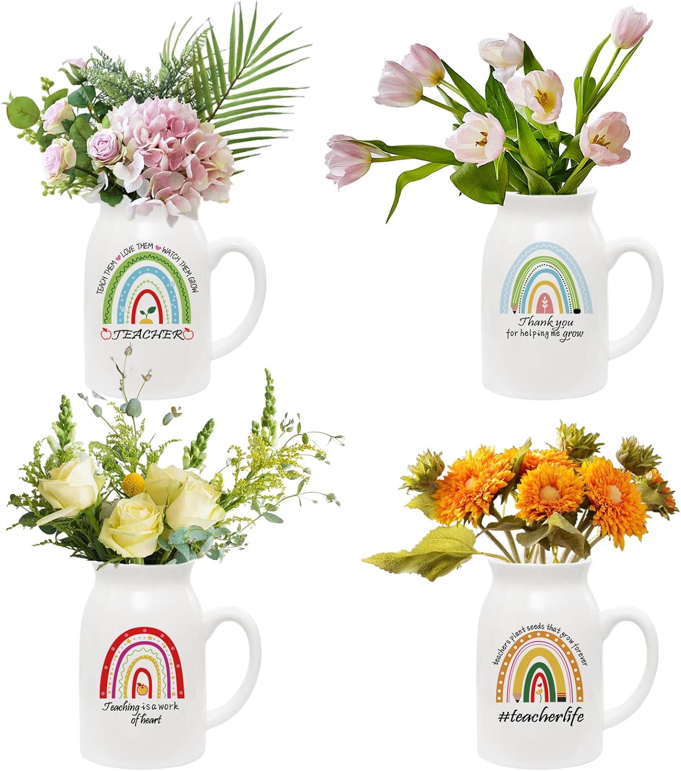 4 Pcs Teacher Appreciation Gift Funny Ceramic Vase with Small Handle Mini Rainbow Flower Vases Thank You Gifts for Employee Teacher Plant Pot, Plants Not Included