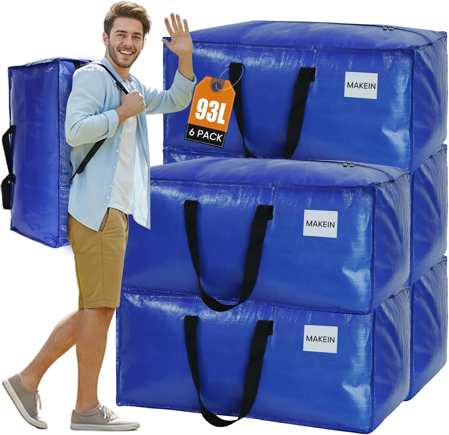 MAKEIN 6-Pack Moving Bags Heavy Duty Extra Large with Reinforced Handle, Backpack Straps and Sturdy Zippers – Space Saving Reusable Storage Bags Alternative to Boxes for College Dorm Moving Essentials
