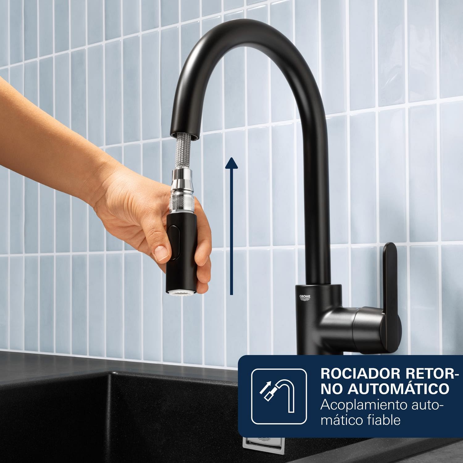 GROHE Get – Grifo Cocina con Caño Extraíble (2 Chorros, Caño Alto 381mm, Giro 360°, Cartucho 35mm, Acoplamiento Suave, Conexión 3/8", QuickMount), Negro Mate, 314842431