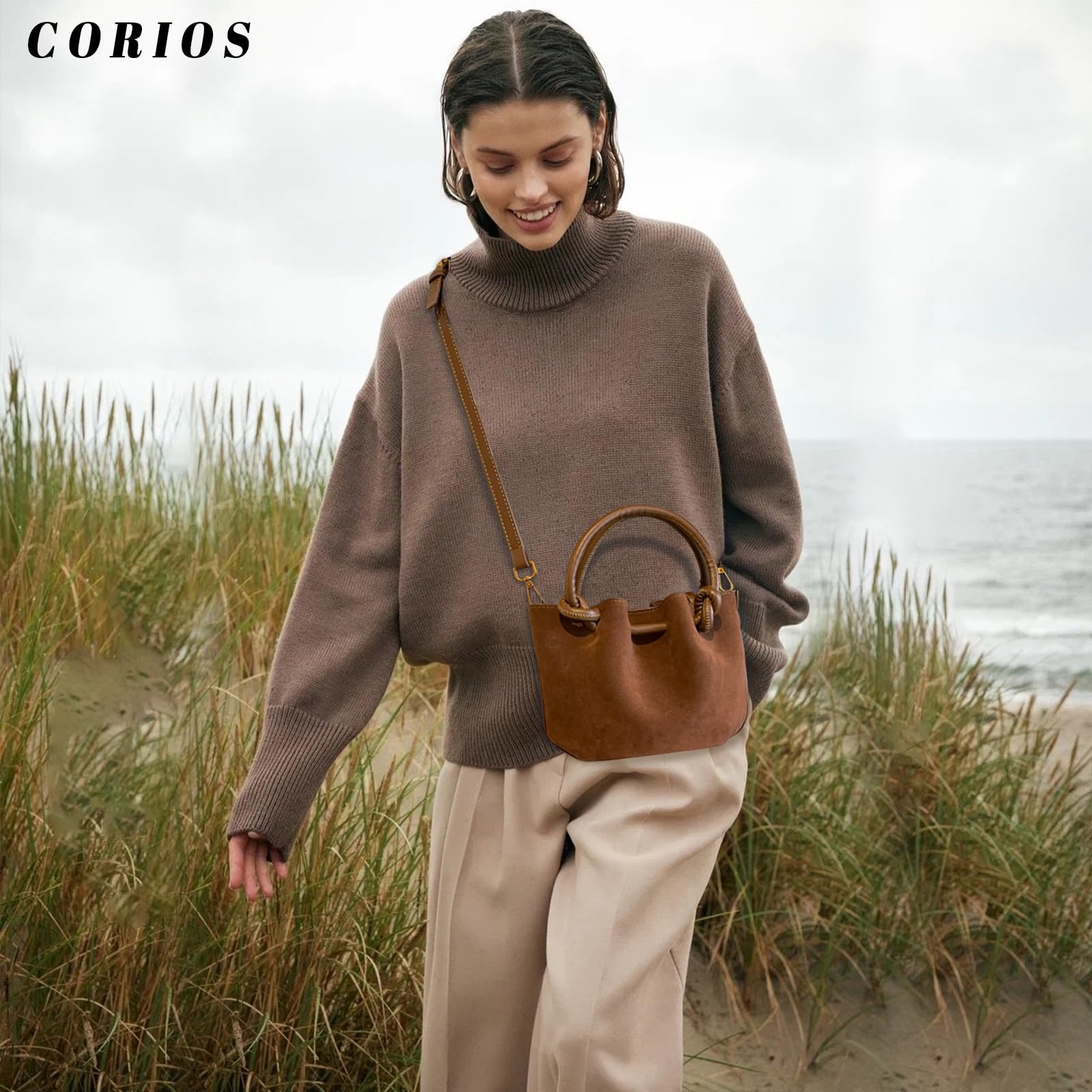 CORIOS Bolsa de Cubo con Cordóne para Mujer PU Cuero Bolso de Mano Impermeable Bolsos de Hombro Pequeña Bolsa Shopper Elegante Bolso Tote Moda Bolso Bandolera Trabajo Viajes Bolso Cruzados Marrón