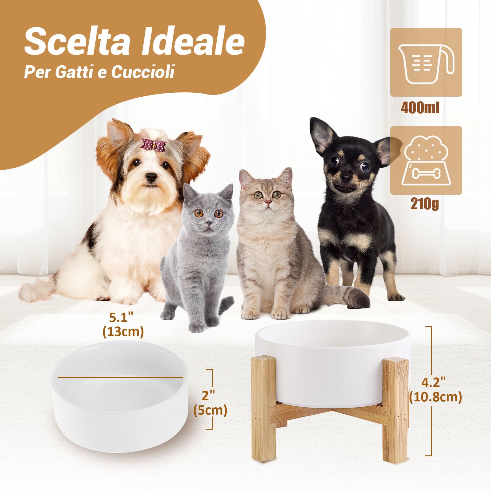 Ceramica Ciotole per Gatti Rialzate Antivomito Set di 2 per Cibo Acqua per Gatti Cani