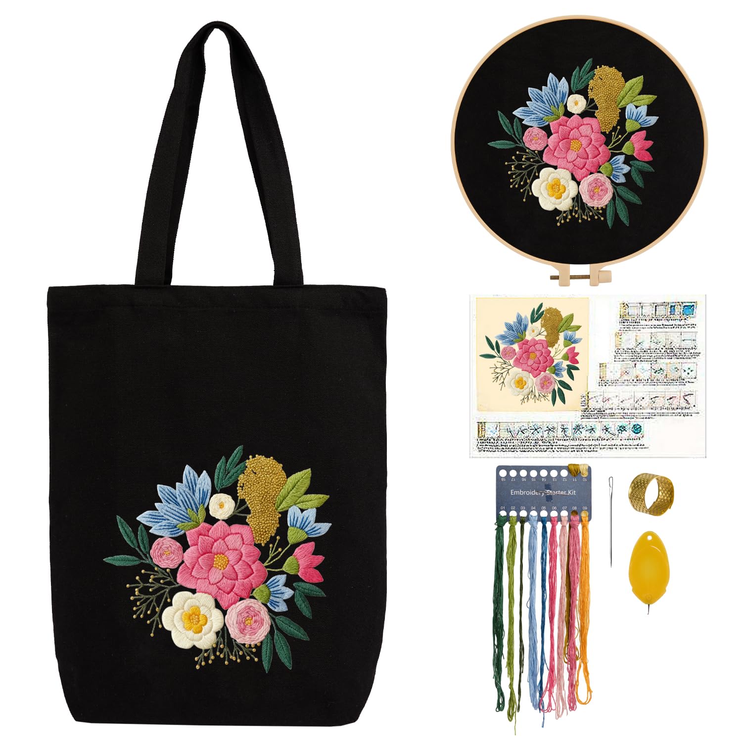 CREAWONDER Hand Embroidery Kits for Bag, Embroidery Kit Bag with Pattern for Beginners, Arts and DIY Embroidery Crafts Kits for Adults, Include Instructions, Embroidery Hoops, Color Threads and Tool