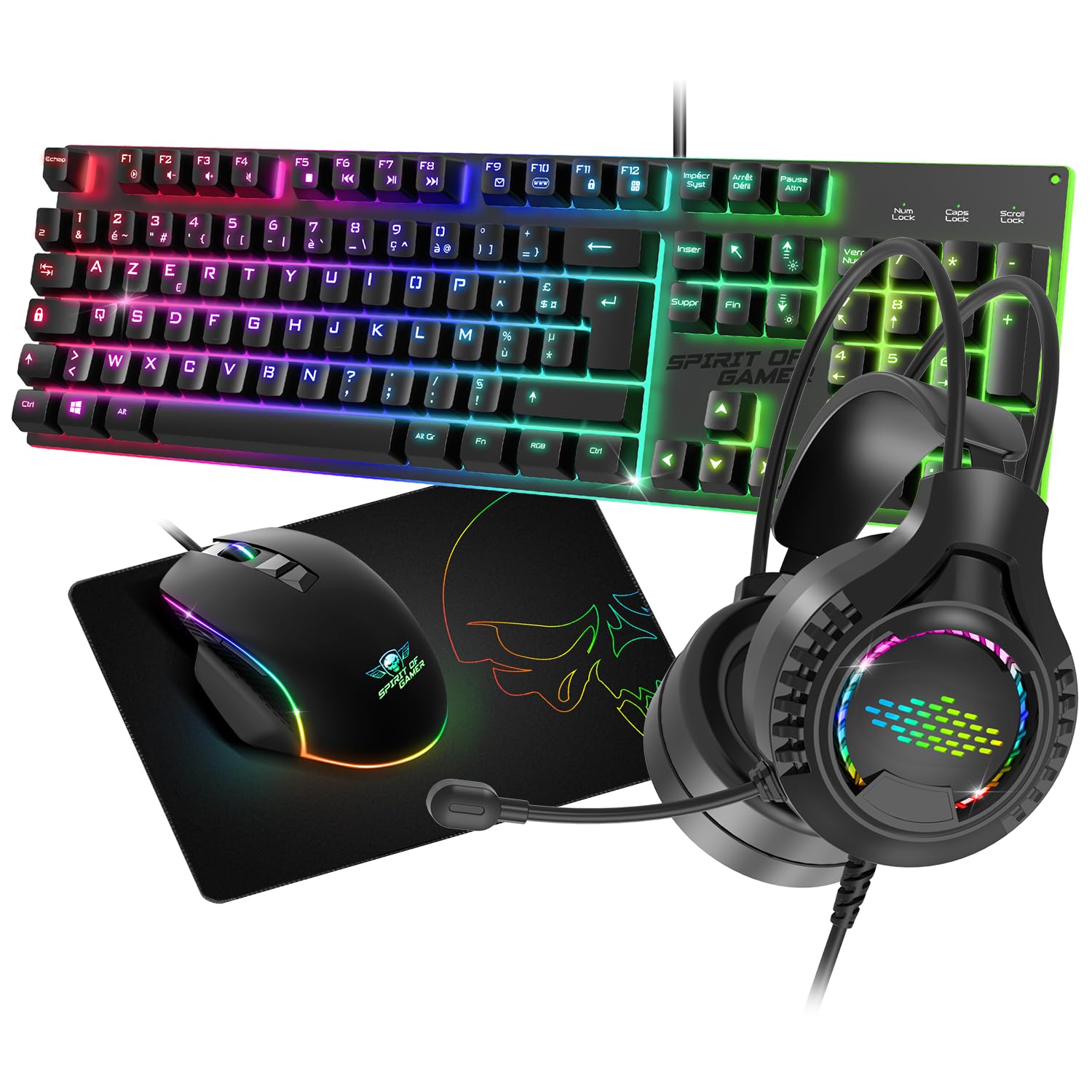 Spirit of Gamer - Ultimate 100, Pack Tastiera Mouse Gamer 4in 1 cablata RGB, Cuffie Gaming & Tappetino in tessuto, Tastiera semi-Meccanica AZERTY FR, 6 Tasti Anti-Ghosting, Mouse Gamer 7 Pulsanti 8000
