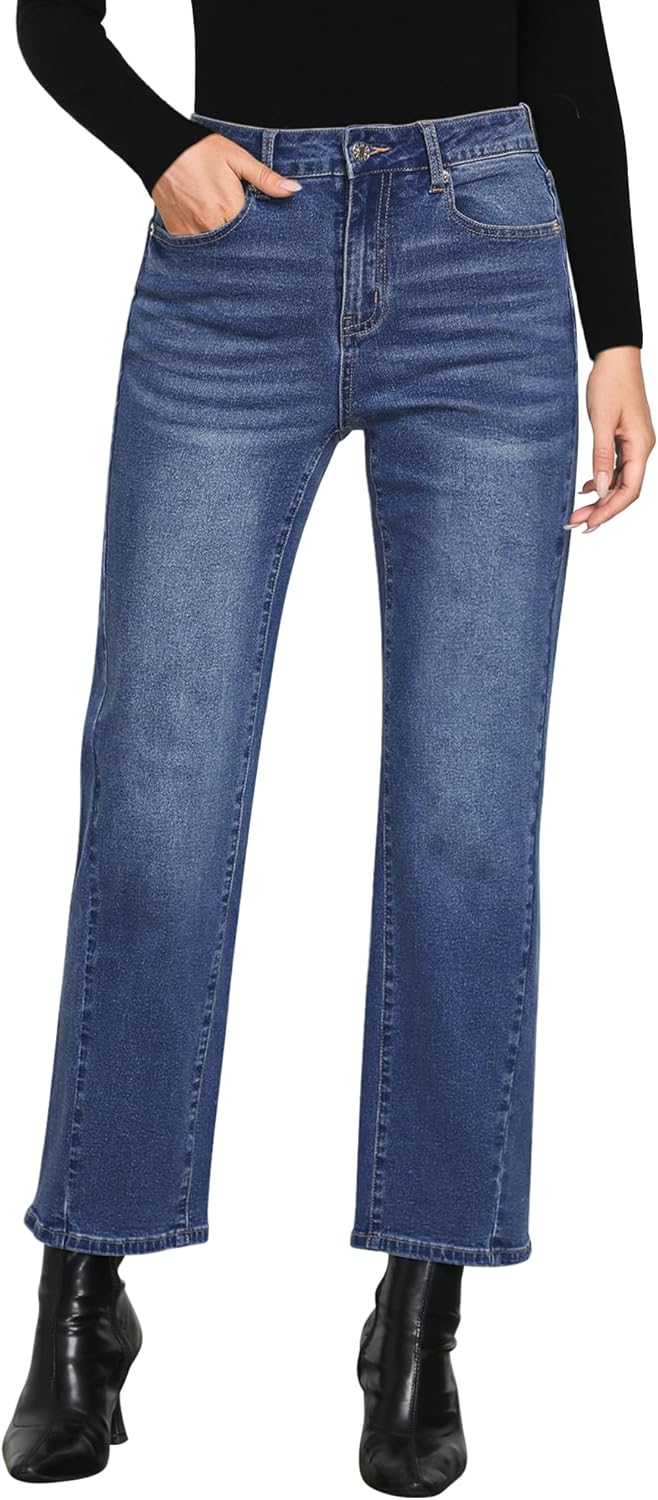 GRAPENT Straight Leg Jeans for Women High Waisted Trendy Ankle Length Forward Seams Stretchy Denim Pants Baggy Jeans