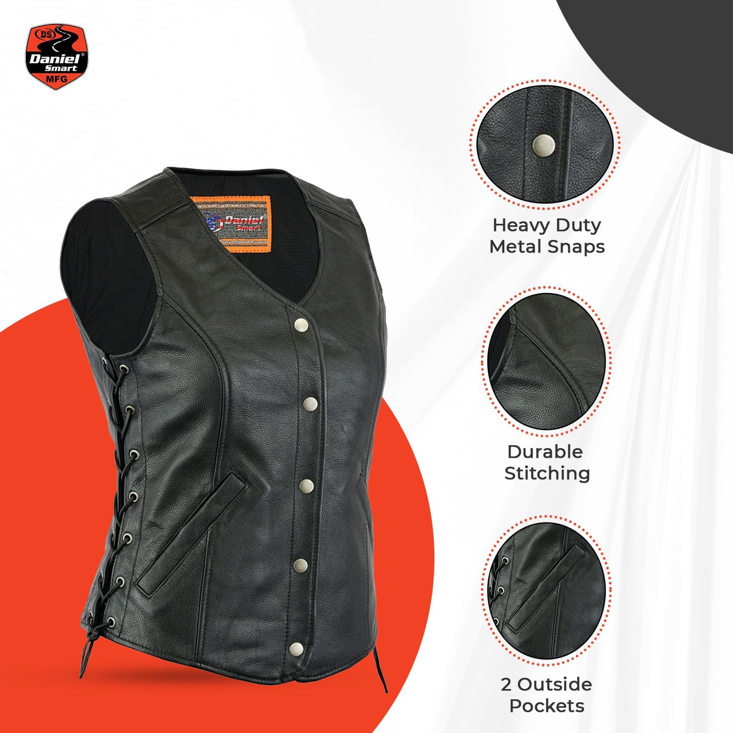 Daniel Smart Biker Vest for Women Genuine Cowhide Open Neck Black Leather Vest with Stylish Side Lace & Multiple Carry Pocket - Image 5