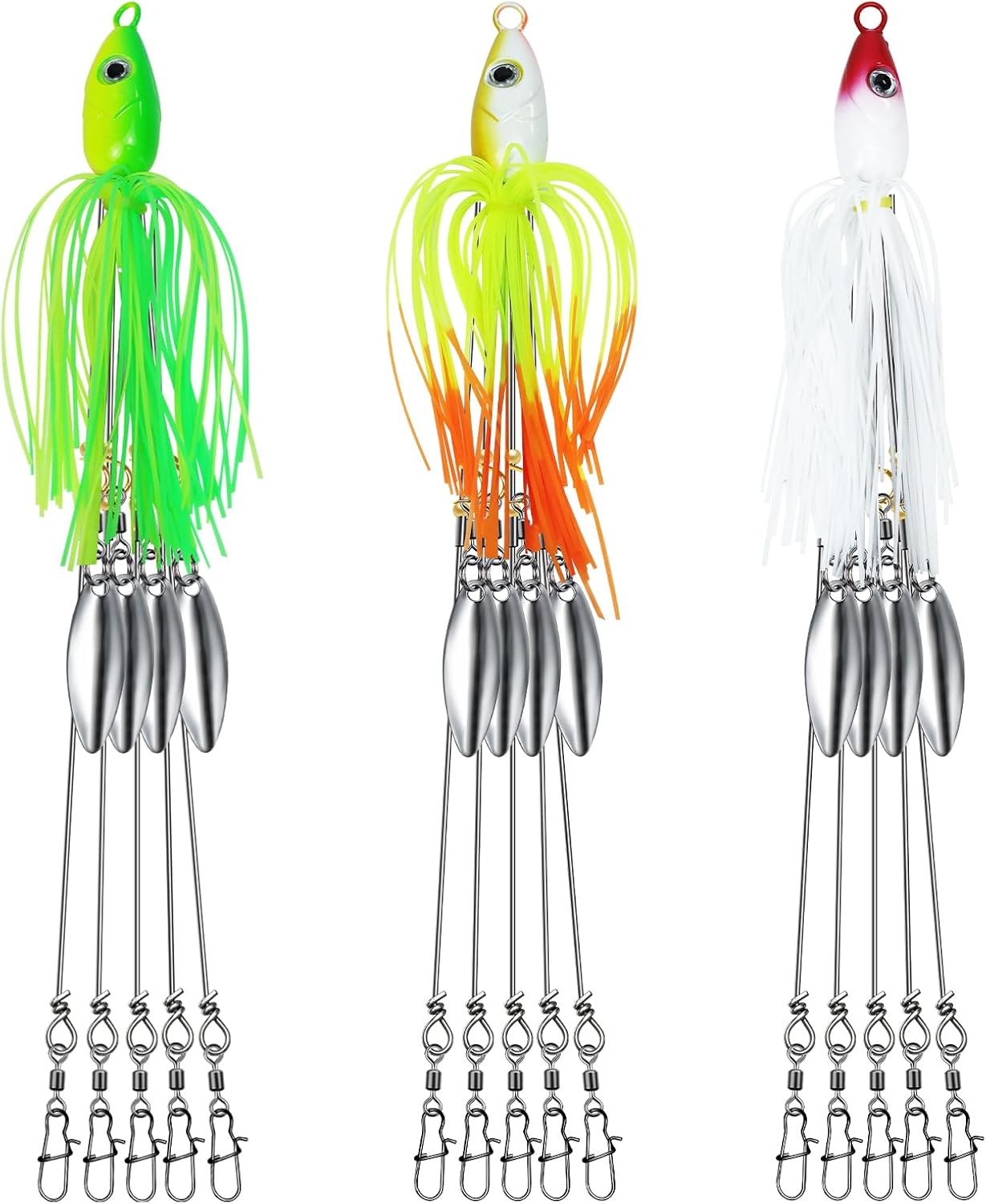 Alabama Rigs, 5 Arms Umbrella Fishing Rig Saltwater Trolling Lure Set with 4 Spinner Blades and Skirt Teasers, A Rigs for Bass, Striper, Mackerel, Tuna, Walleye