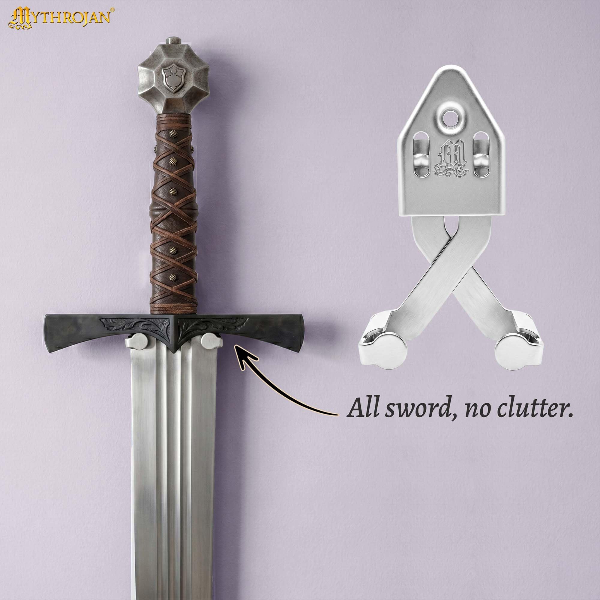 Mythrojan Soporte vertical de metal para espada, montaje en pared, ajustable, plateado, paquete de 2
