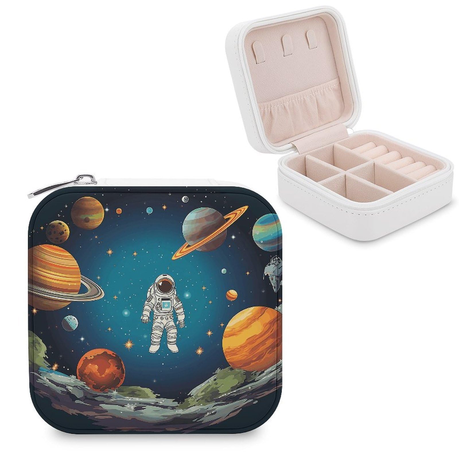 VstaDank Outer Space Rocket Astronaut Jewelry Box Exquisite Leather Jewelry Organizer Portable Trinket Organizer Fashion Travel Jewelry Case for Rings Earrings Necklaces Unique Gifts for Women