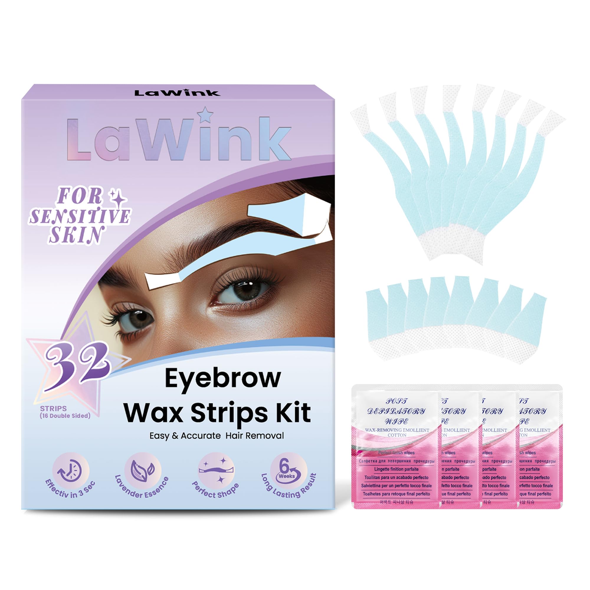 Eyebrow Wax Strips, 32 Pcs Pre-Cut 4 Calming Wipes, For Hair Removal, Facial Wax Strips, For Sensitive, Ready to Use, At Home Use, Hand-Warmable Cold Wax, For Brows & Lip, Gentle Formula
