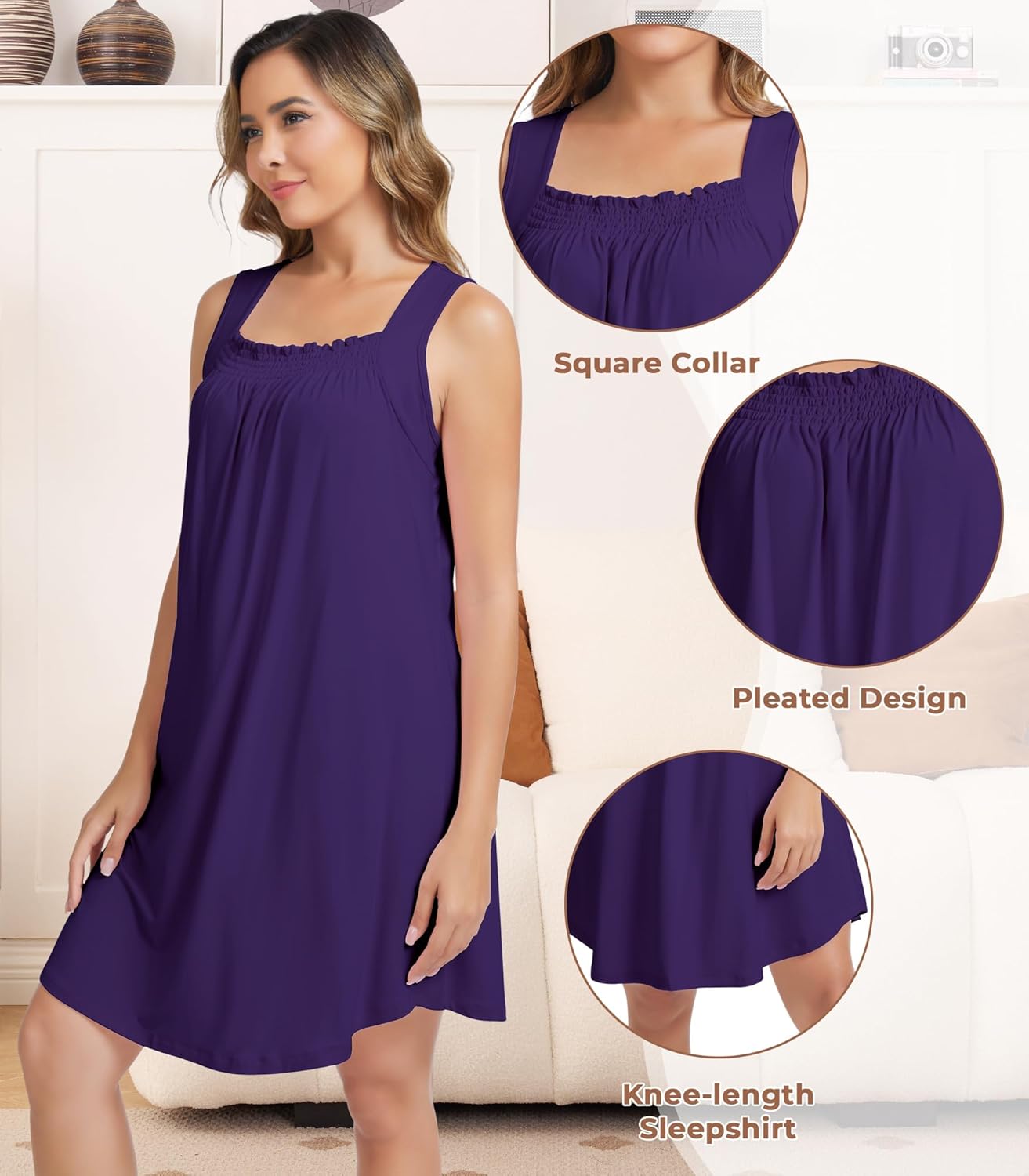 NACHILA Nightgowns for Women-Viscose Made from Bamboo, Soft Sleepshirts Sleeveless Sleepwear Cooling Nightdress S-XL - Image 4