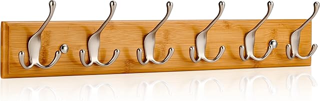 LARHN Wall-Mounted Coat Rack - 6 Matt-Nickel Triple Coat Hooks for Wall on Stylish Wooden Bamboo Base 59 cm All Fixings Included