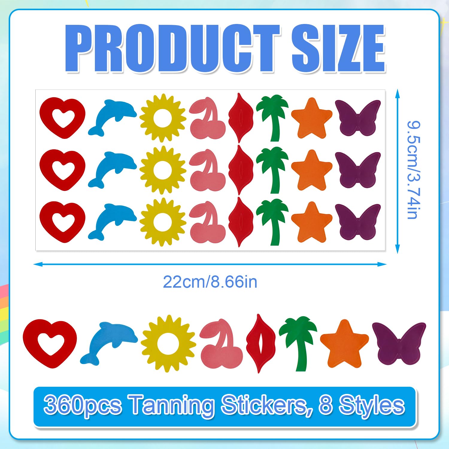 Condition photo showing New/Like New for 360pcs Tanning Sunbathing Stickers, 15 Sheets Self-Adhesive Indoor Tanning Stickers 8 Styles Heart, Dolphin, Cherry Shaped Colorful Tanning Bed Stickers for Body Summer Beach Outdoor
