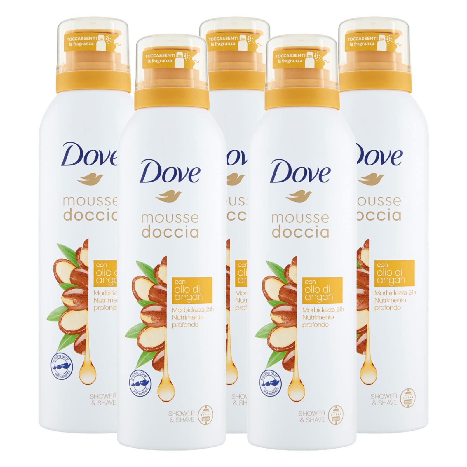 Dove - Mousse de ducha con aceite de argán Suavidad y cuidado 24h - 5 botellas de 200 ml