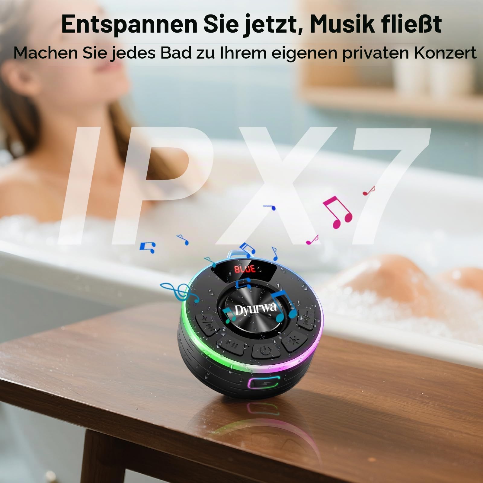 Wasserdichter Bluetooth Duschlautsprecher, 10H Bluetooth-Lautsprecher mit Saugnapf, Tragbare bluetooth 5.3 Lautsprecher mit Stereo-Sound, IPX7 Wasserdicht Musikbox Tragbare für Badezimmer Bergsteigen