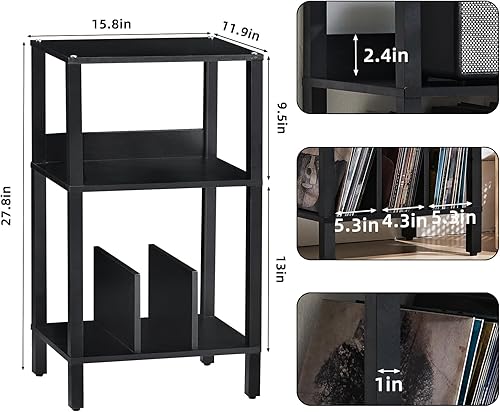 Miniatura 3 de LELELINKY - Soporte para tocadiscos, mesa de tres niveles con almacenamiento para vinilos hasta 100 álbumes, soporte para discos de vinilo, estante