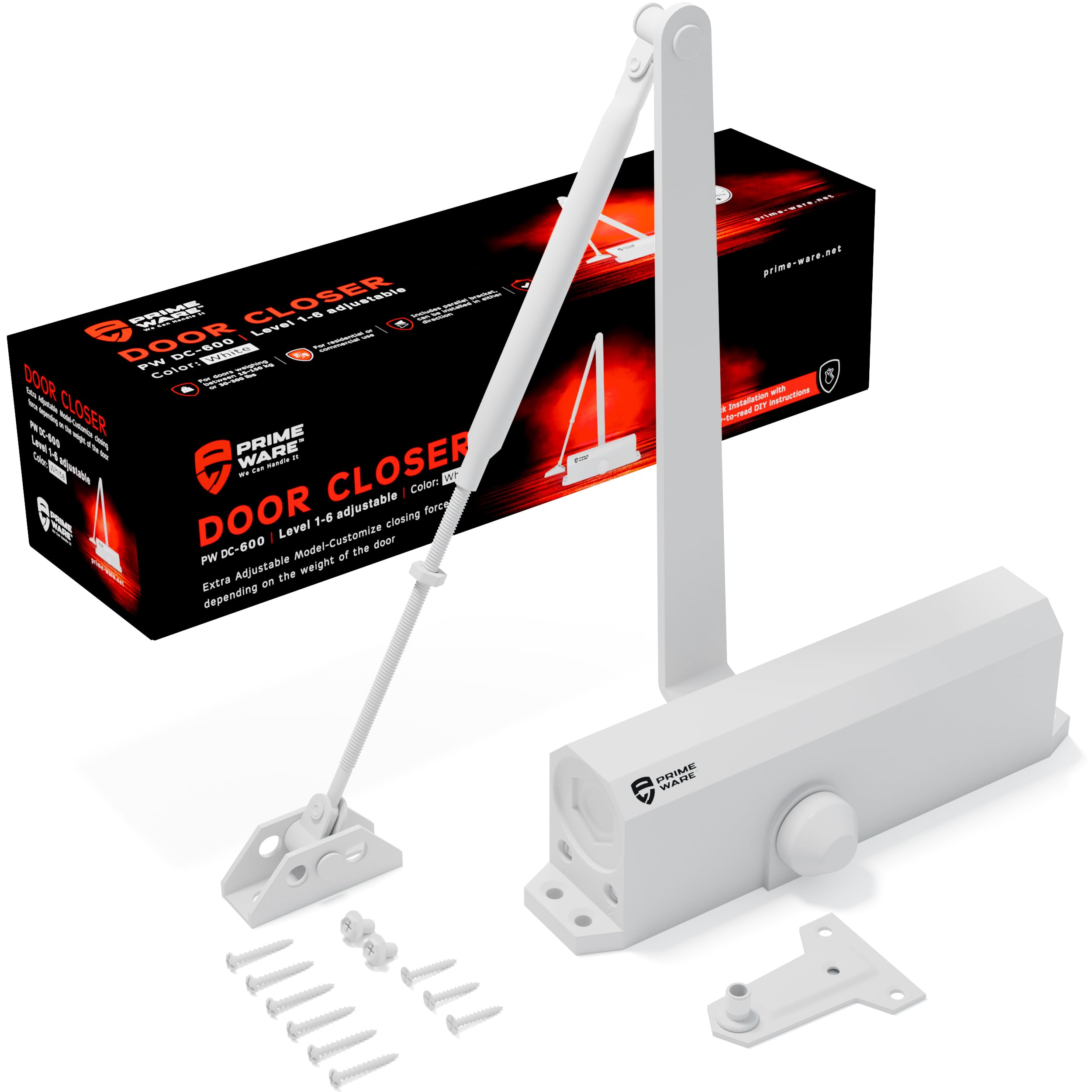 PrimeWare DC-600 Ferme-porte automatique réglable pour maison | Fermeture amortie | Pas de claquement | Ferme-porte résidentiel et commercial | Niveau 1 à 6 | Pour portes de 13,6 à 136,1 kg | Ressort