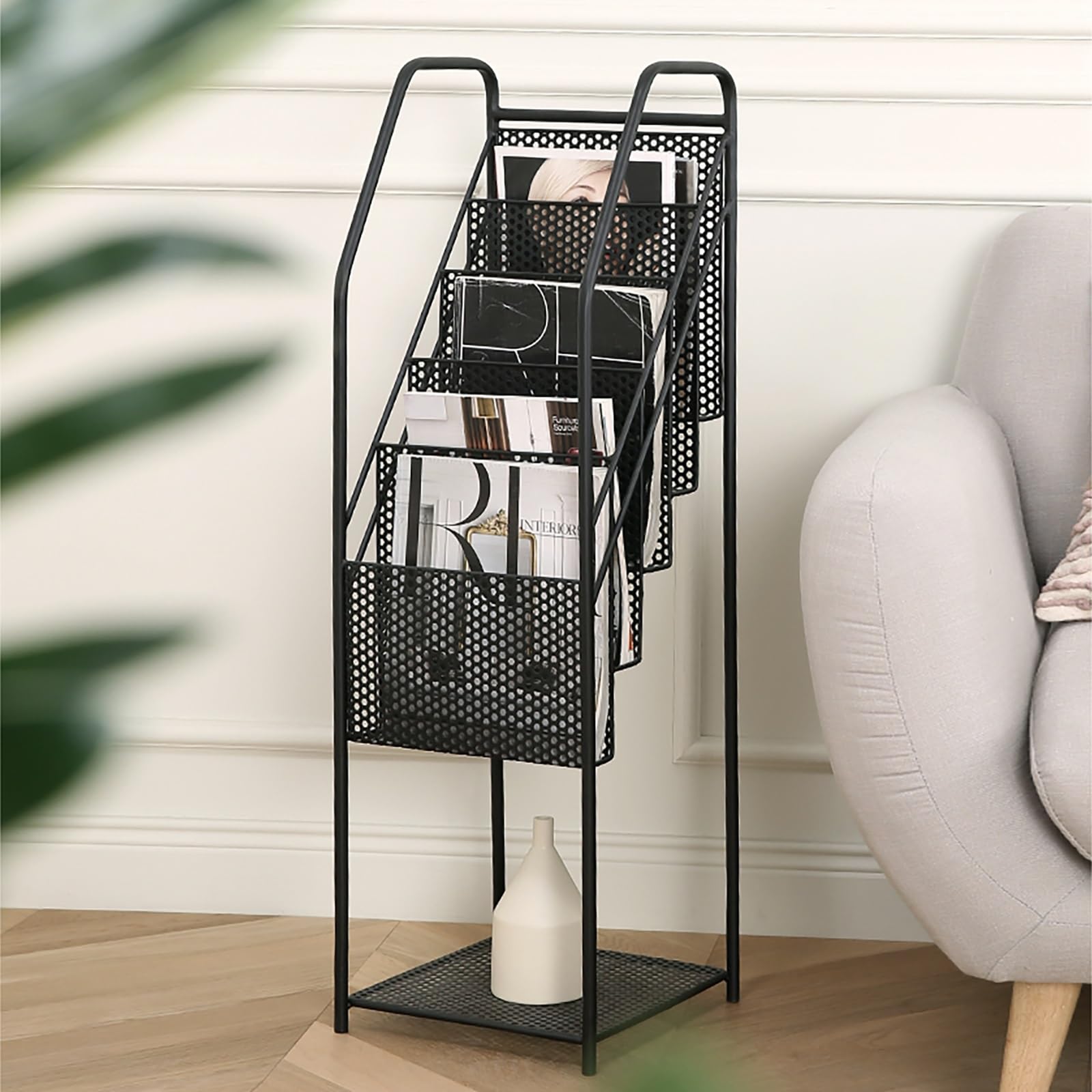 Prospektständer im Hochformat, 5 GroßE Taschen Iron Zeitschriftenständer Magazine Rack Stand, Prospekthalter für Menüs Prospeketen Katalogen Preiskarten(Black)