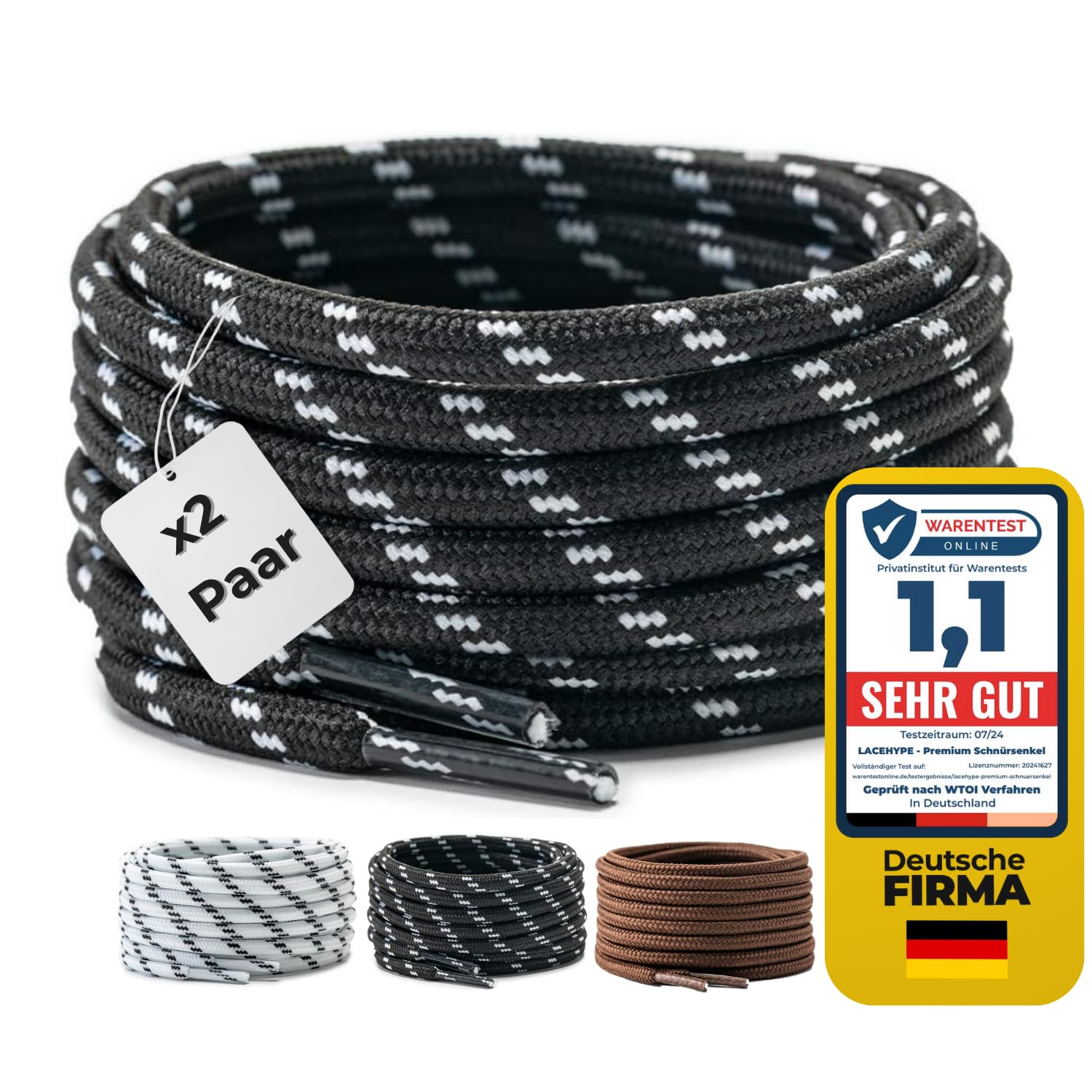 LaceHype 2 Paar - Premium Runde Schnürsenkel [ Ø4,5 mm ] Polyester für Arbeitsschuhe, Stiefel, Outdoorschuhe und Sportschuhe reißfeste Schuhbänder (Schwarz/Weiß, 130cm)