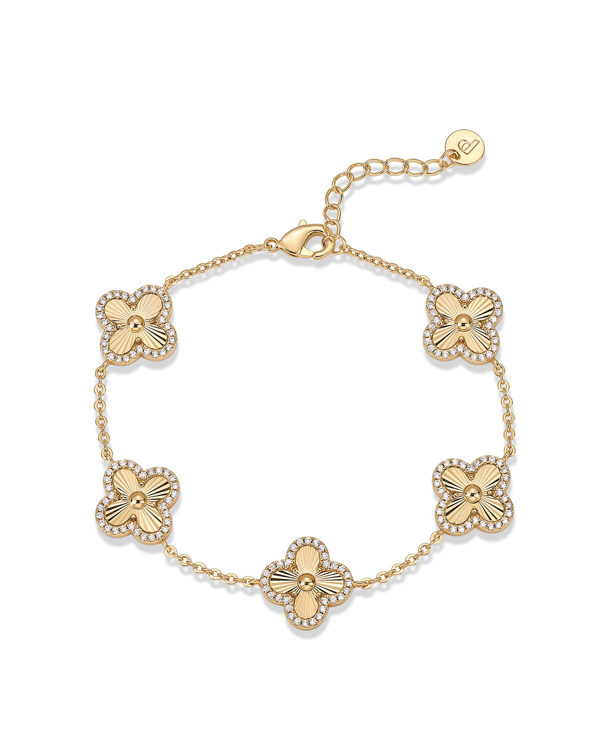 PAVOI 14K Gold Plated Bracelet for Women - Lucky Charm Four Leaf Clover Bracelet Station with Cubic Zirconia - Hypoallergenic Trendy Fashion Stackable Clover Jewelry Yellow Gold