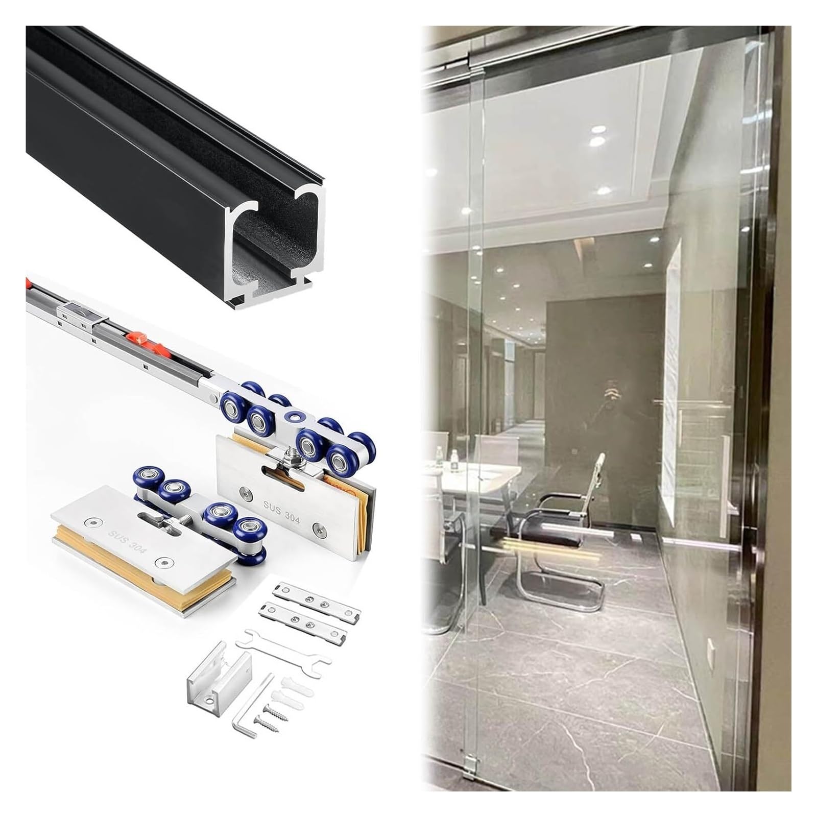 YDHSIKK Glass Sliding Door Track, Soft Close Aluminum Sliding Barn Door Track Kit For Glass Doors Multicolor Multiple Sizes(Black,320cm/10.5ft)
