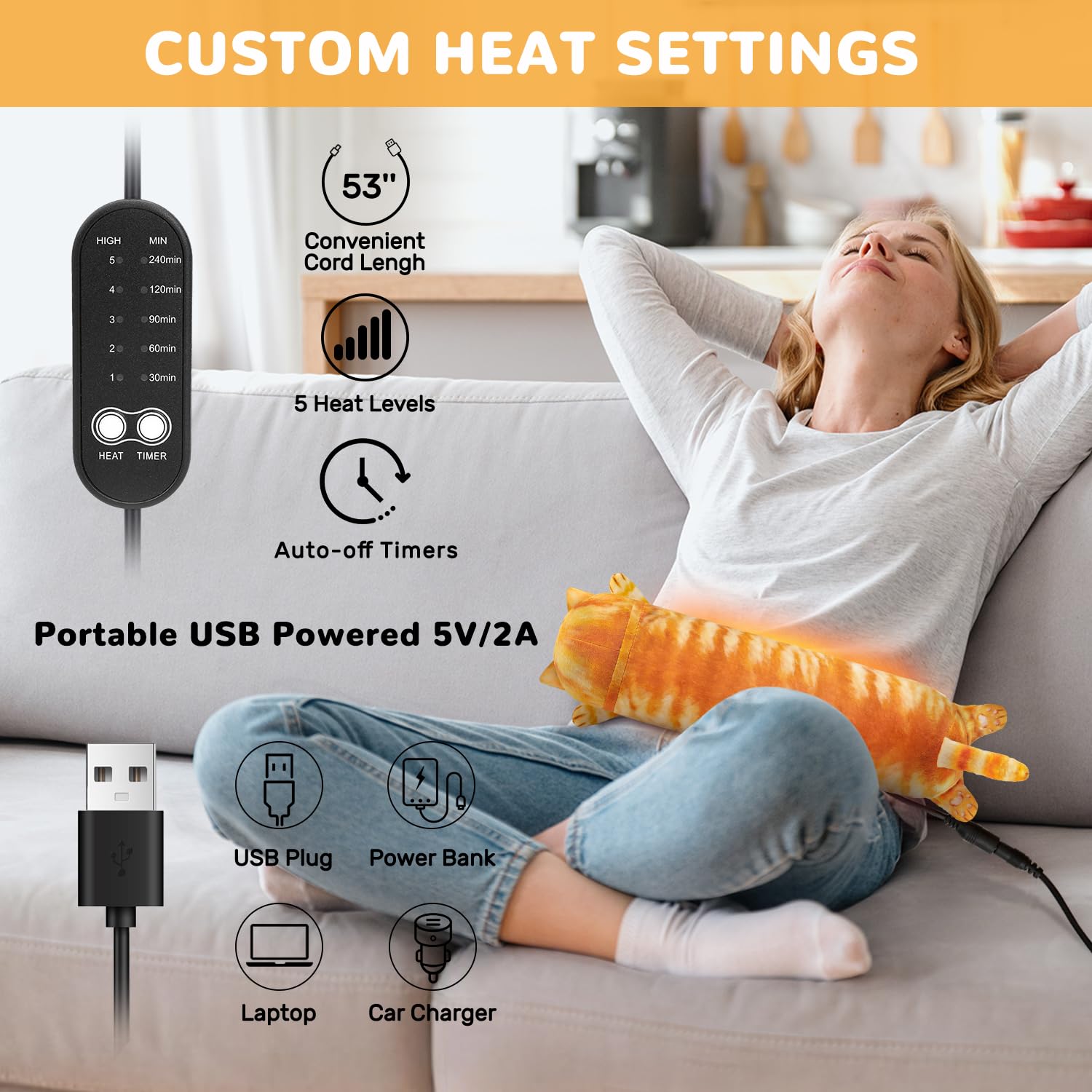 Cuscinetto riscaldante per gatti per crampi mestruali, sollievo dal dolore mestruale, cuscinetti elettrici portatili alimentati tramite USB, simpatici animali di peluche, regali divertenti per donne