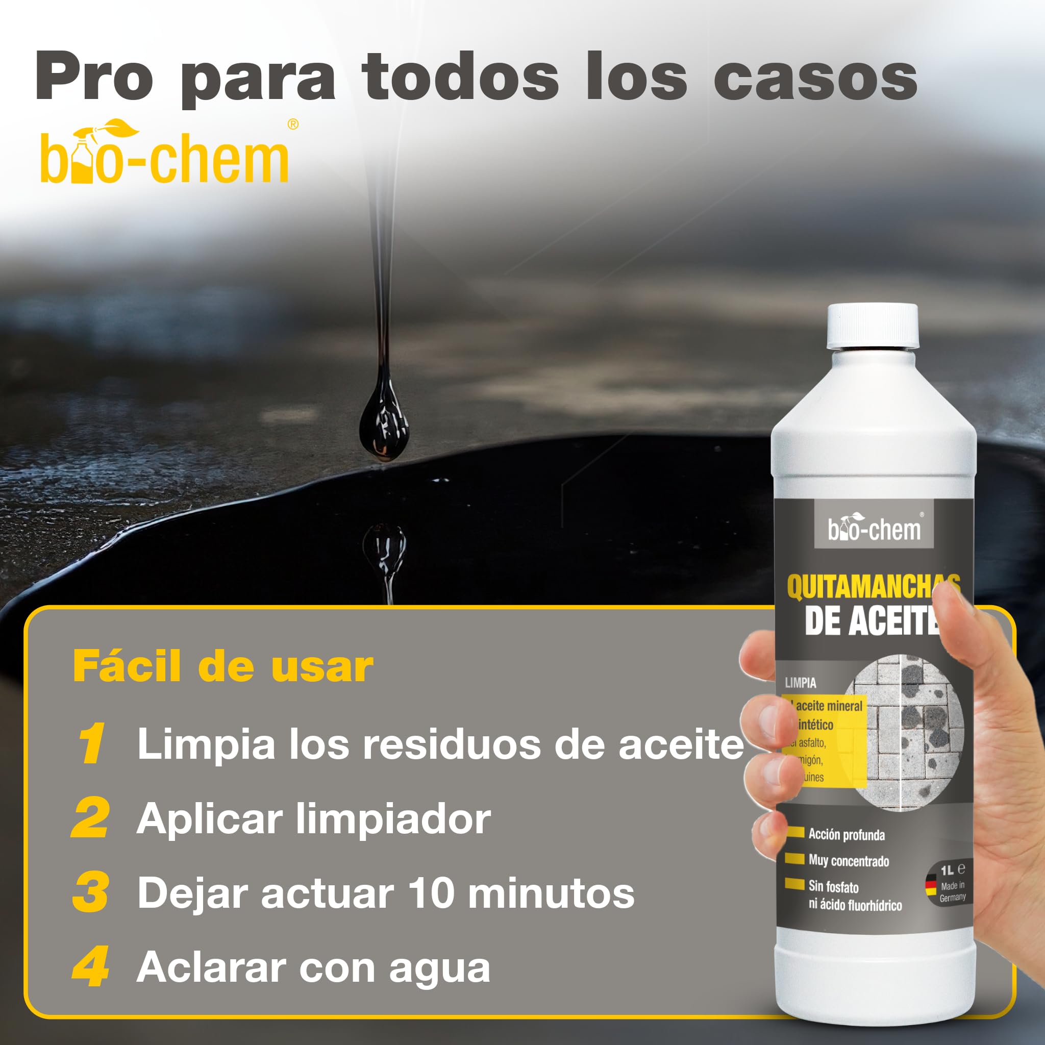 bio-chem Eliminador de Manchas de Aceite 3L, para piedra y hormigón | Quitamanchas Concentrado Biodegradable - Limpieza para adoquines, Asfalto - Limpiador Coche Garaje terrazo