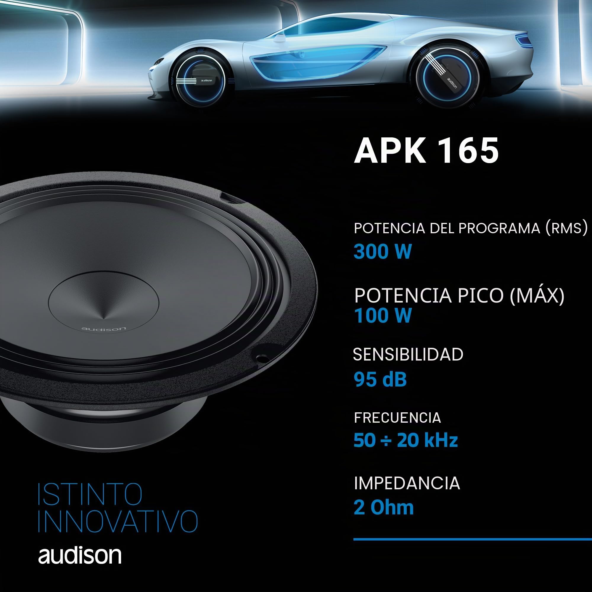 Audison APK 165 Sistema de Altavoces de 2 Vías para Coche, Woofer Polipropileno 165 mm, Tweeter Tetolon 26 mm, Impedancia 2 Ohm, 210 W Máx, Montaje Empotrable, Negro