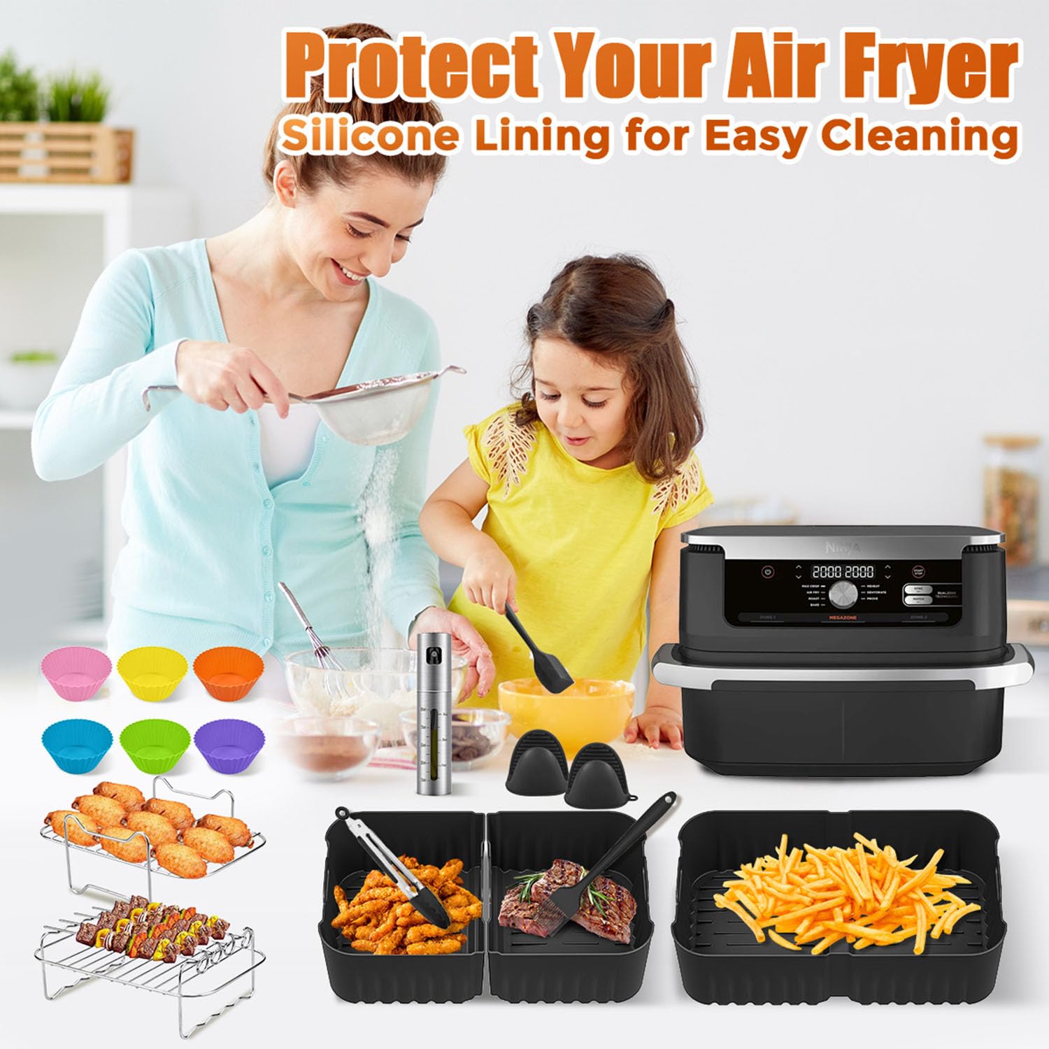 Heißluftfritteusen Zubehör, Airfryer Zubehör für Ninja Foodi AF500EU 10,4 L, Air Fryer Silikonmatte, 1 x 10,4 L und 2 x 5,2 L Airfryer Silikon Einsatz, Dual Zone Ninja Airfryer Zubehör