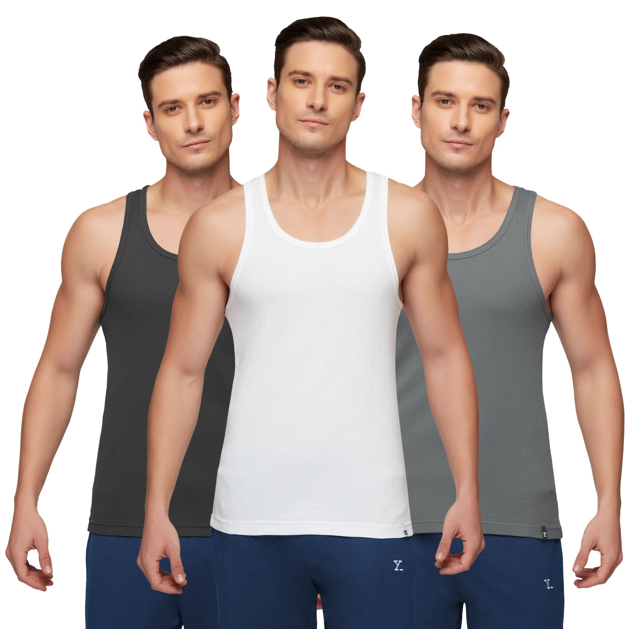 XYXXMen's Nova 100% Combed Cotton Ribbed Regular Fit Solid Round Neck Vest, Pack of 3| Anti Bacterial Finish, Racer Back, Tag Free Comfort