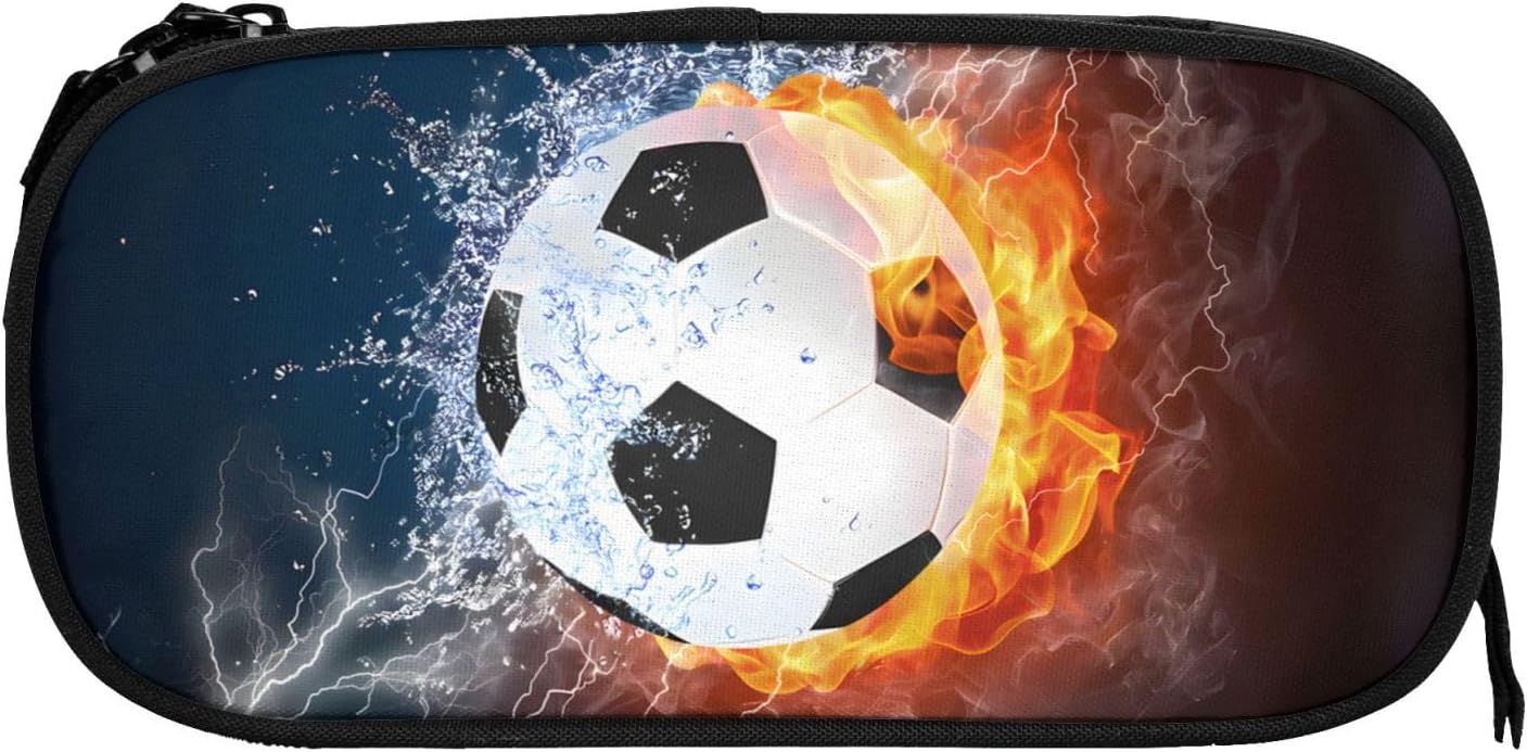 Large Capacity Soccer Boys Pencil Case, Cool Fire & Water Portable Black Pen Bag, Pencil Pouch with Zipper for Teens Stationary Supplies, Multifunction Pencil Box Cosmetic Bag for Sports Girls