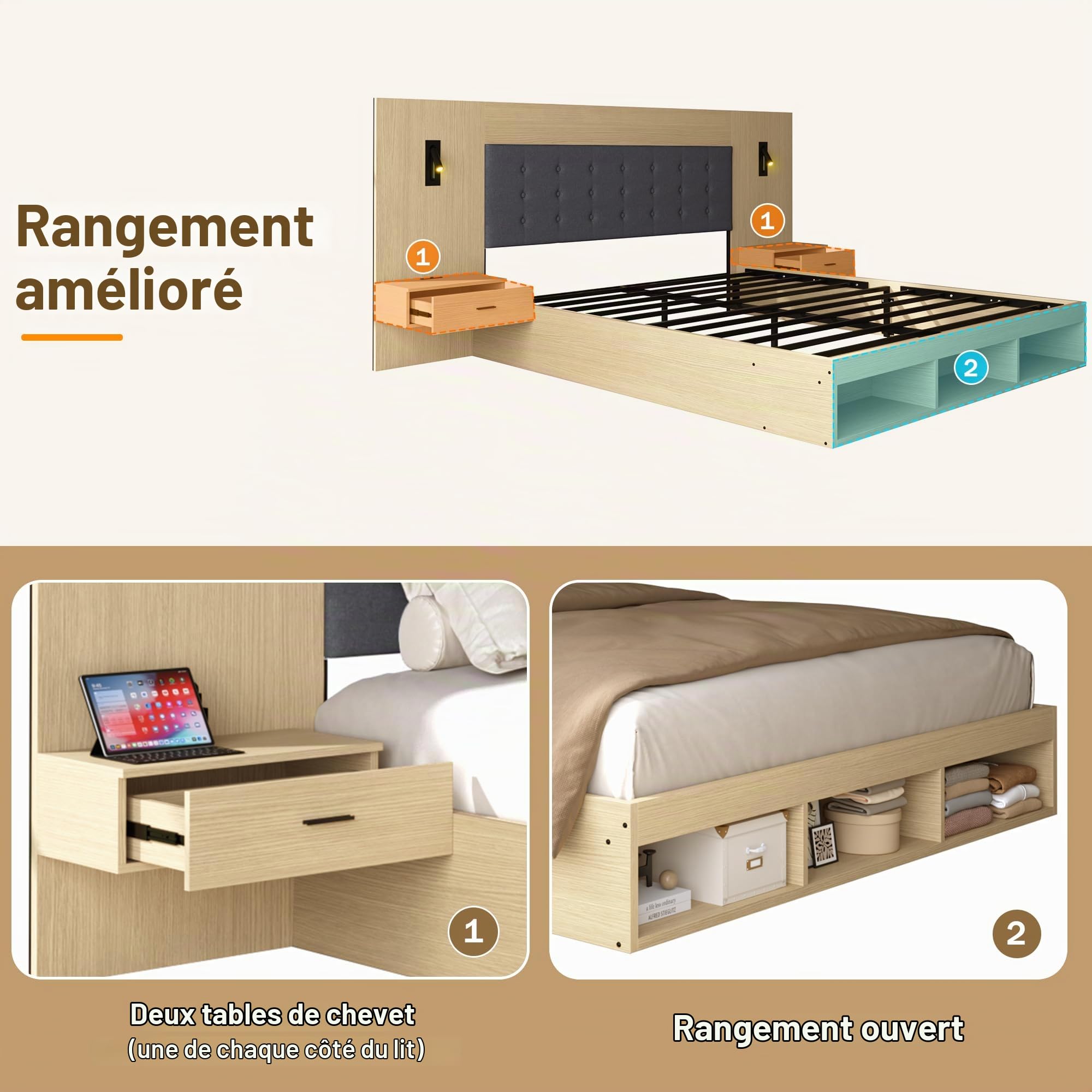 Lit Double 160x200 en Bois avec Rangement, Tête de Lit Rembourrée Intégrées Tables de Chevet Lampes de Lecture et Ports USB/Type-C, Lit avec Rangement pour Chambre Adulte(sans Matelas)