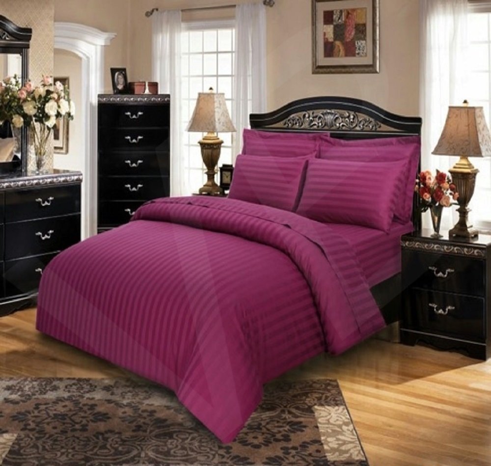 viceroy bedding Satin Stripe Quilt Duvet Cover and Pillowcase Bed Set (Single, Blackcurrant Purple)