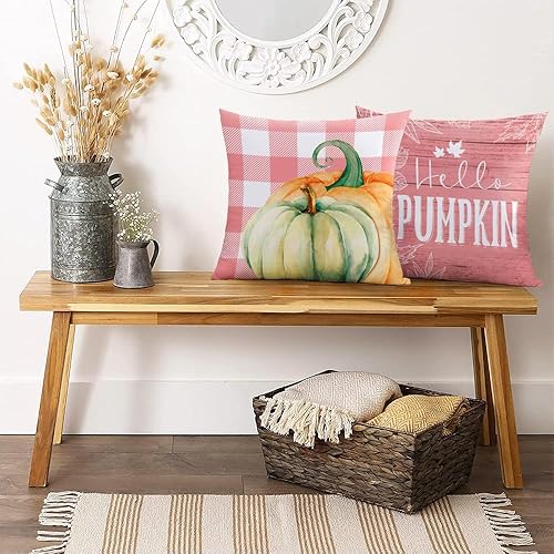 Miniatura 10 de Juego de 4 fundas de almohada decorativas de otoño de 20 x 20 pulgadas, decoración de calabaza, a cuadros, para exteriores, granja, otoño, Acción de