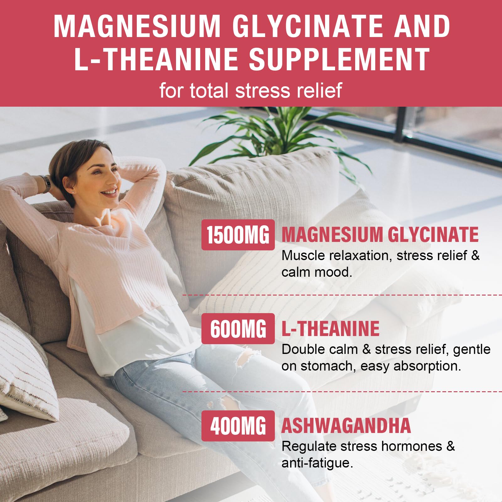 Liposomal Magnesium Glycinate 1500mg L-Theanine 600mg Gummies with Ashwagandha, GABA, 5HTP, Vitamin B6 & D3, Lemon Balm Leaf, L theanine Supplement Magnesium Gummies for Relax Mood & Muscle, 2 Pack — Amazon image 3