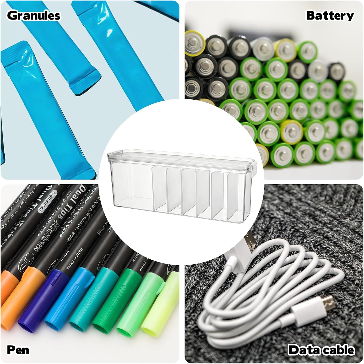Rainmae 2 Pack Cable Organizer Box with Lid, Plastic Cable Storage Container for Desk Drawer Electronics Organizers for Phone Charger USB Cables Office Home Desk Accessories