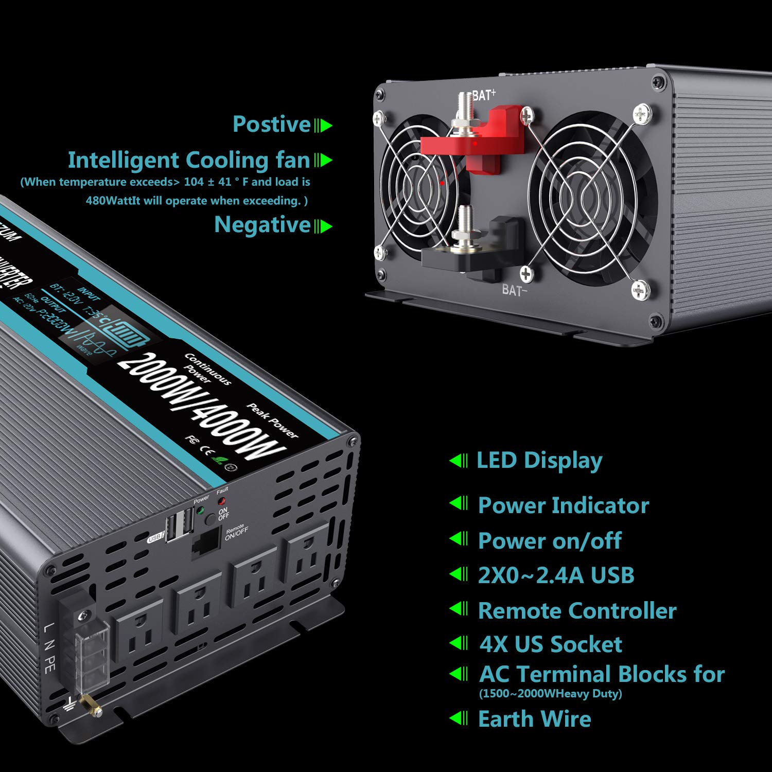 Amazon.com: FLAMEZUM Pure Sine Wave Power Inverter 2000Watt 12V DC