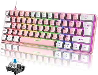 Wired 60% Gaming Mechanical Keyboard with Blue Switch, UK Layout 19 Rainbow LED Backlit Mini Portable 62 Keys Detachable USB-C Cable Full Keys Anti-Ghosting Waterproof for PC Mac - Pink & White