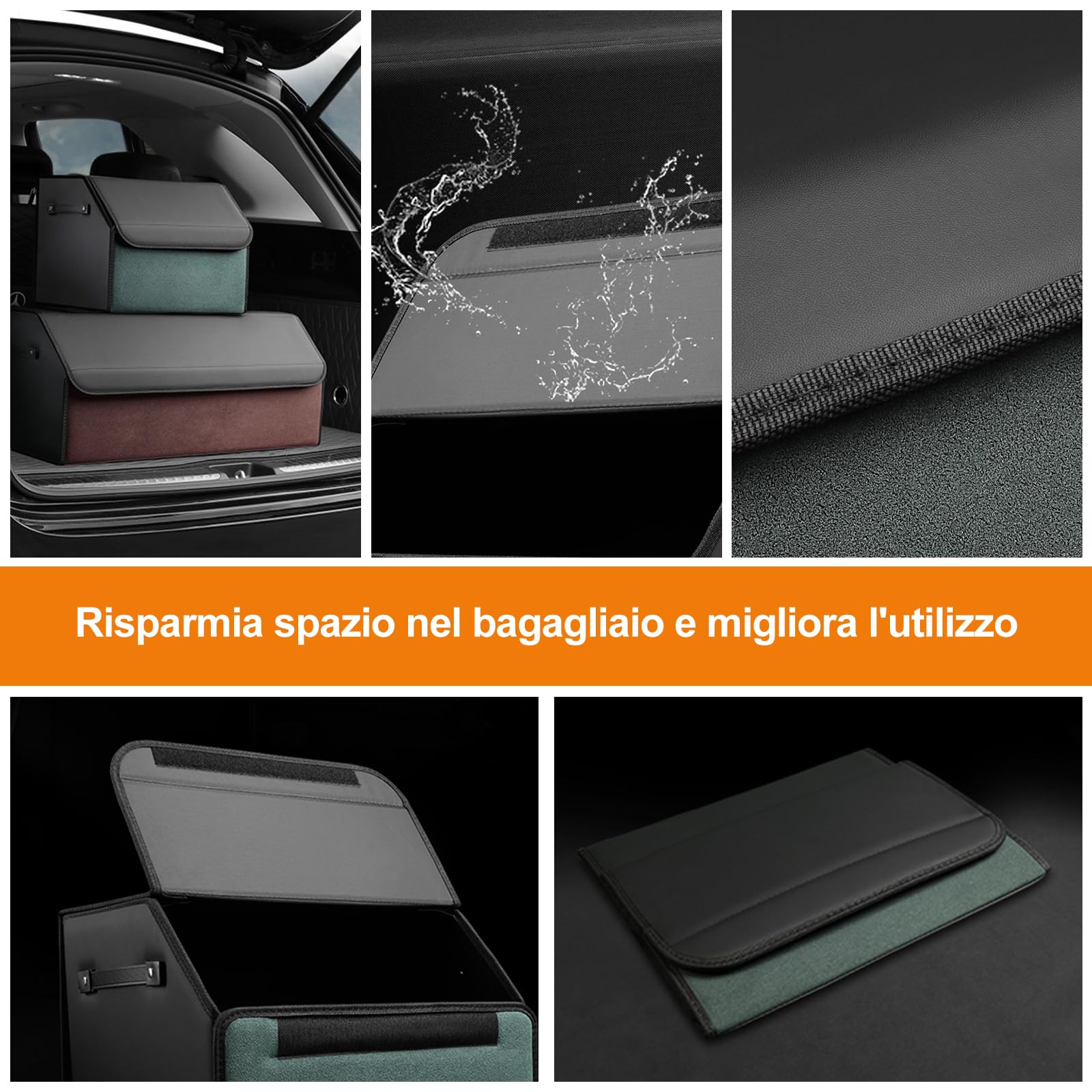 Ergocar Organizer Bagagliaio Auto Pieghevole, Pelle PU e Pelle Scamosciata Organizer per Baule Auto, Organizer per Bagagliaio per Auto con Coperchio e Manico, Adatto a Qualsiasi Auto