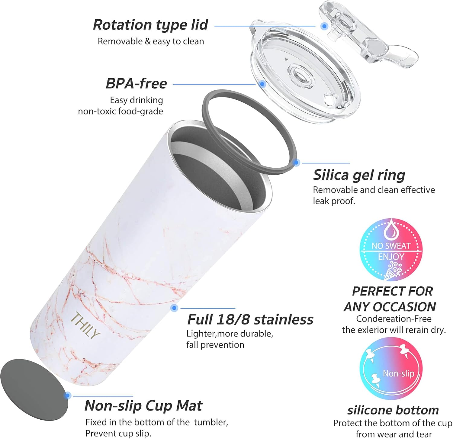THILY Stainless Steel Vacuum Insulated Tumbler 26 oz Triple-Insulated Travel Mug with Splash-Proof Lid - Image 5